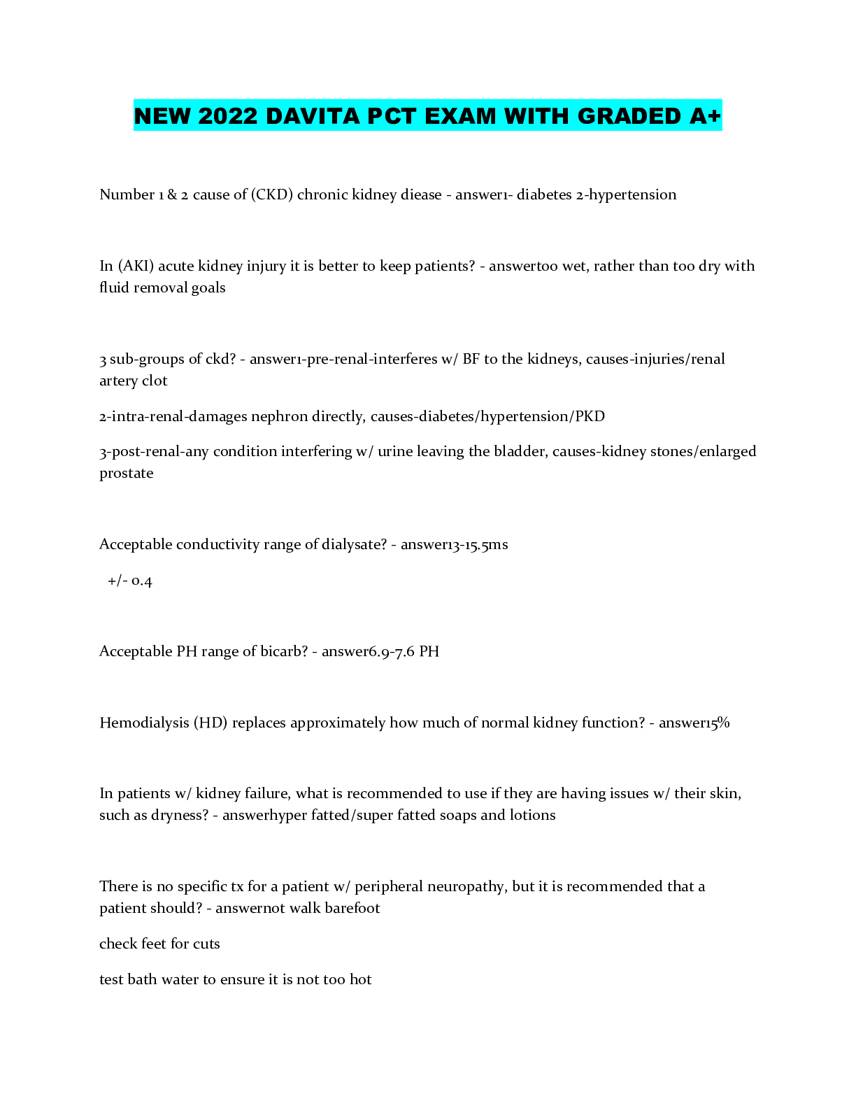 NEW 2022 DAVITA PCT EXAM WITH GRADED A+ Browsegrades